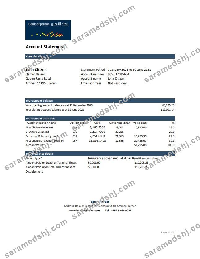 Jordan Bank of Jordan bank statement easy to fill template in .xls and .pdf file format